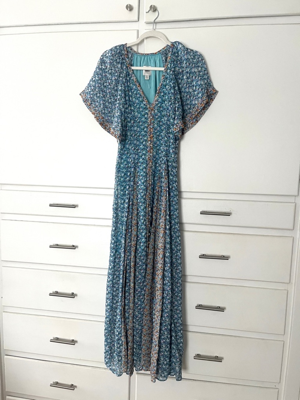 Anthropologie Floral V-Neck Blue Maxi Dress with Button Front size 2 - Picture 6 of 14